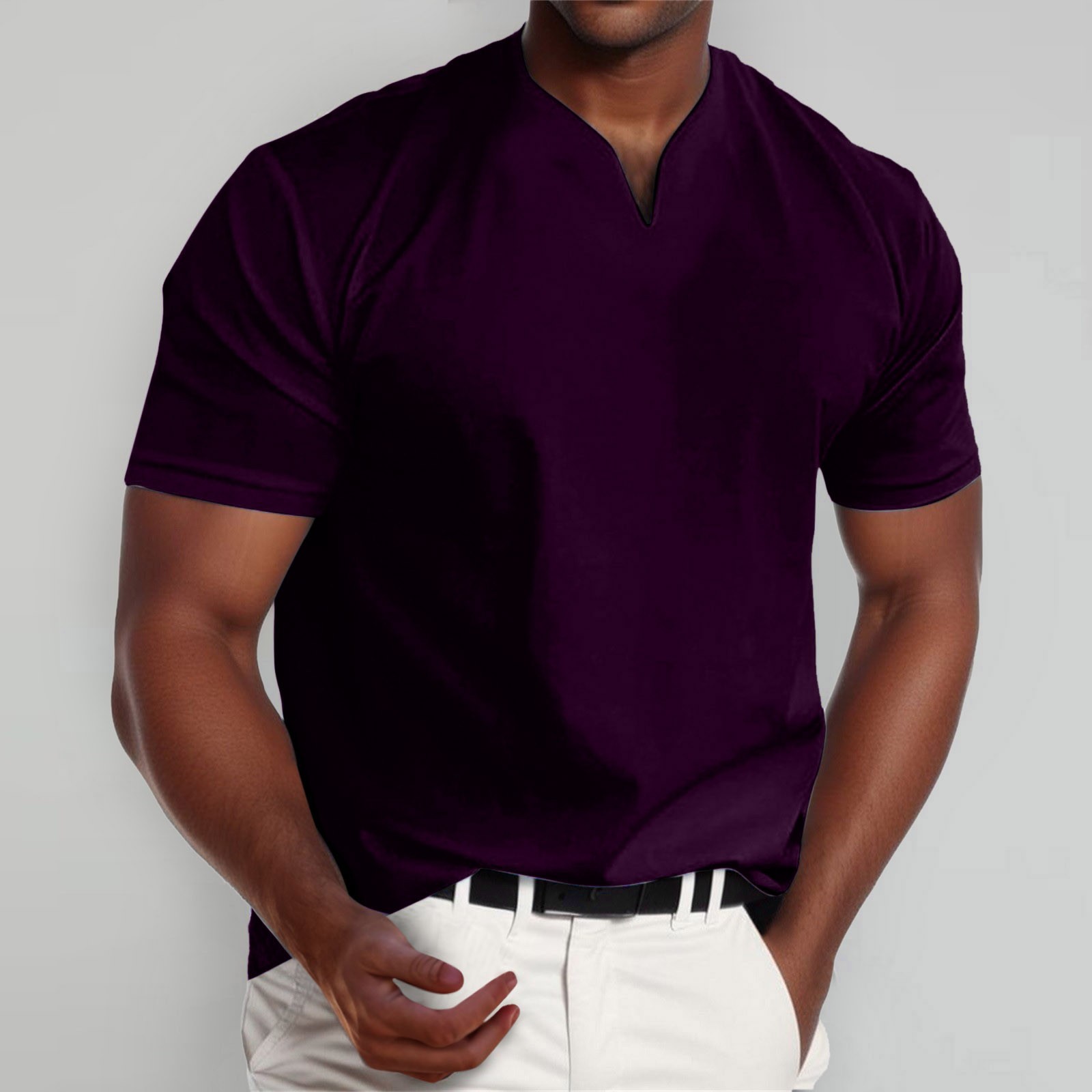 thumbnail image 2 of Camiseta informal de manga corta y cuello en V para hombre, camiseta ajustada., 2 of 4
